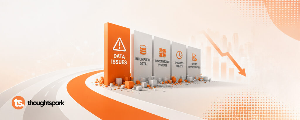 Data issues including incomplete data, disconnected systems, process delays, and missed opportunities blocking the path to go-to-market success, illustrated as obstacles on a road with a declining business performance arrow.