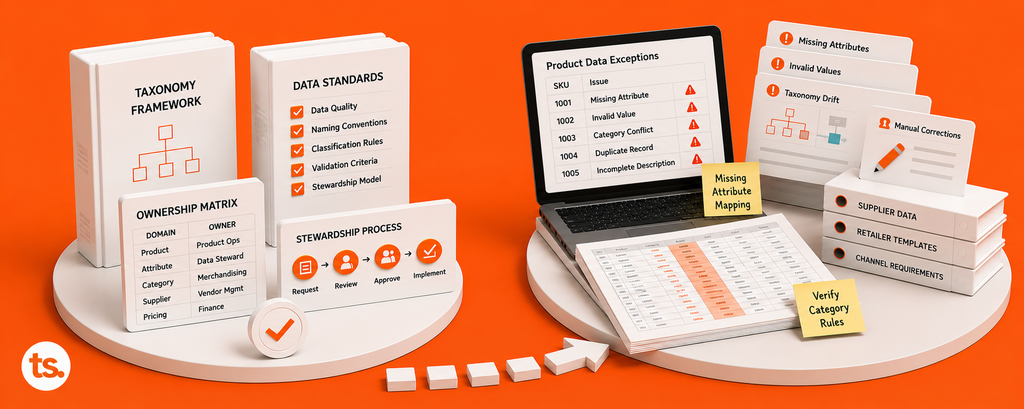 Product data governance and recurring data quality issues across commerce and product information systems.