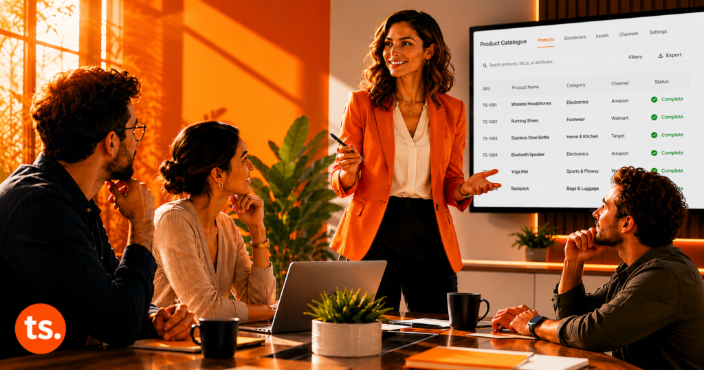 Commerce leader in an orange jacket presenting confidently to an engaged team around a table, with a product catalogue dashboard behind her showing all SKUs complete and feed submissions successful across all retail channels