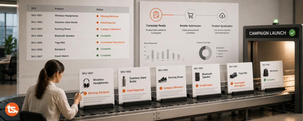 Commerce team member manually reviewing product cards on a conveyor belt showing missing attributes, feed rejections, and category mismatches before a campaign launch