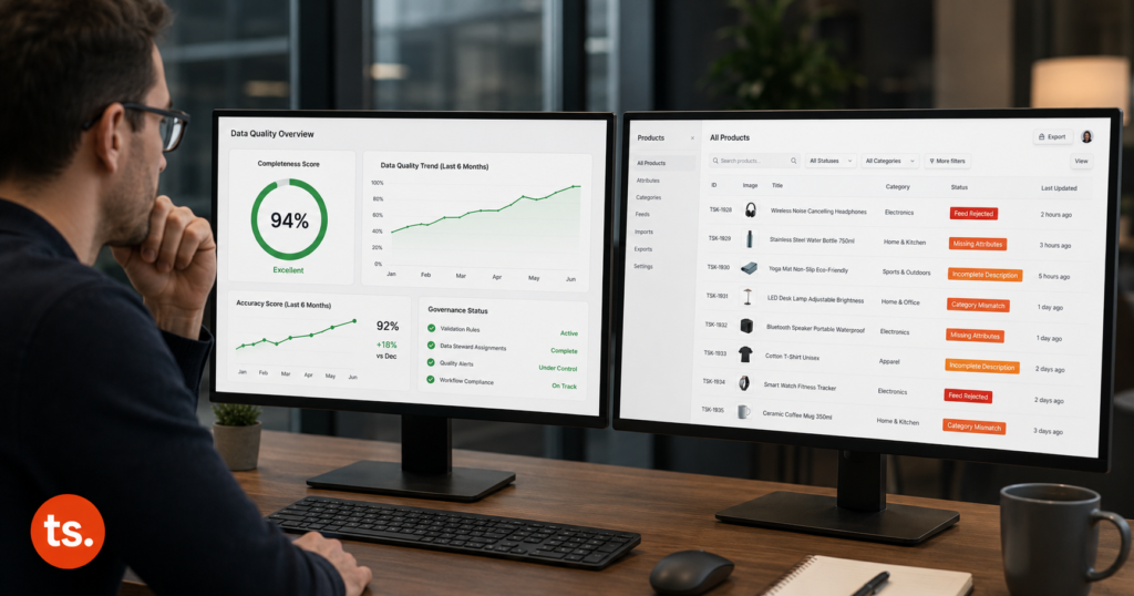 Data professional reviewing two monitors showing a data quality dashboard with 94% completeness score and excellent ratings alongside a product catalogue displaying feed rejected, missing attributes, incomplete description and category mismatch status labels in orange