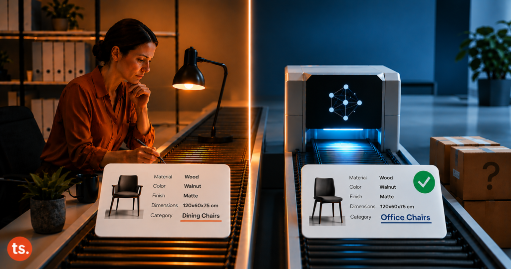 Split conveyor belt image showing a human reviewer on the left actively examining a product data card categorized as Dining Chairs under warm amber lighting, while an AI processing unit on the right approves the same product with a green checkmark but incorrectly categorized as Office Chairs under cool blue lighting, illustrating the gap between human judgment and automated AI processing in data workflows