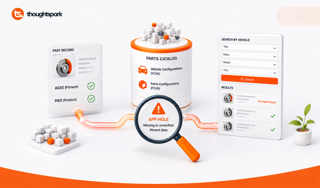 A 3D illustration showing a part record with ACES and PIES fitment checks both passed, connected through a magnifying glass labeled App Hole to a vehicle search panel showing one result marked No Match Found, representing a gap in automotive aftermarket fitment data.