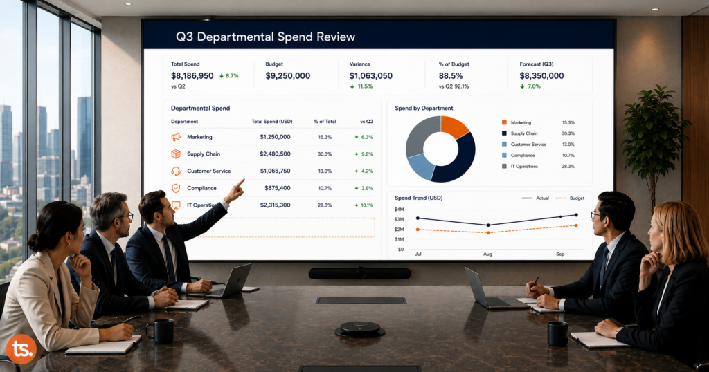 A boardroom presentation of a Q3 departmental spend dashboard, with a presenter pointing at a fully populated spending table that ends in one empty, dashed row, representing the missing line item for the cost of bad data.