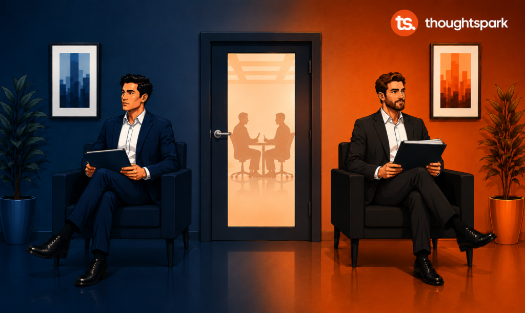 A flat vector illustration of two Syndigo SI consultants seated separately in a waiting area outside a conference room, one lit in navy, one in burnt orange, with two silhouetted figures visible through the frosted glass door between them.