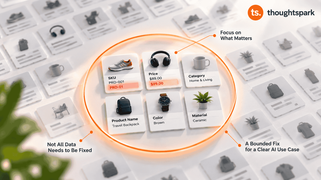 A glowing circle isolates six product data cards from a larger greyed-out set, two showing a formatting conflict in SKU and price values, with callouts reading focus on what matters and a bounded fix for a clear AI use case