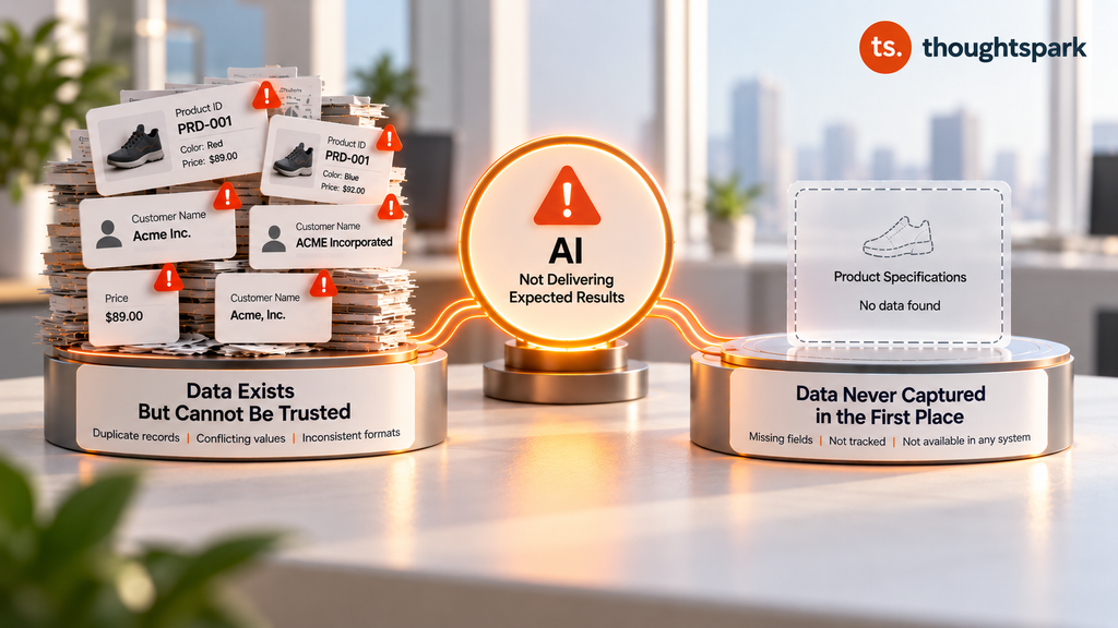 Two platforms comparing an AI diagnostic problem, one showing data that exists but cannot be trusted with duplicate and conflicting records, the other showing data that was never captured at all, with an AI warning symbol between them