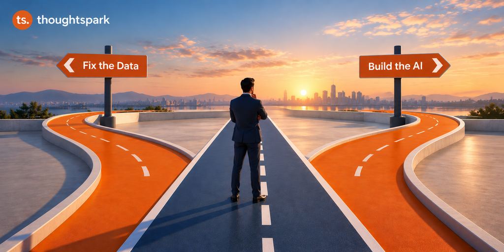 Businessman standing at a fork in the road between signposts reading Fix the Data and Build the AI, with a third unmarked path continuing straight ahead