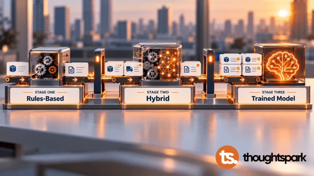 Three connected stages showing an AI build moving from a rules based system to a hybrid model to a fully trained model, with data cards increasing across each stage and gates marking the checkpoints between them.