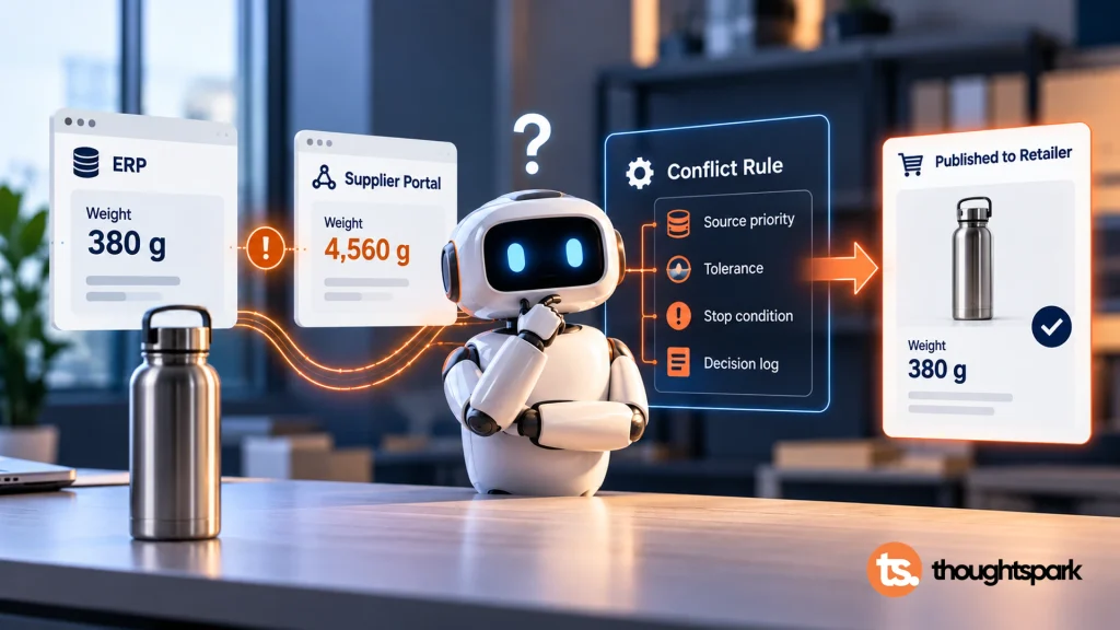 AI agent weighing 380 g in the ERP against 4,560 g in the supplier portal, guided by a conflict rule